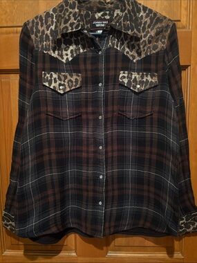 Johnny Was Brown and Black Plaid Shirt with Leopard Yoke